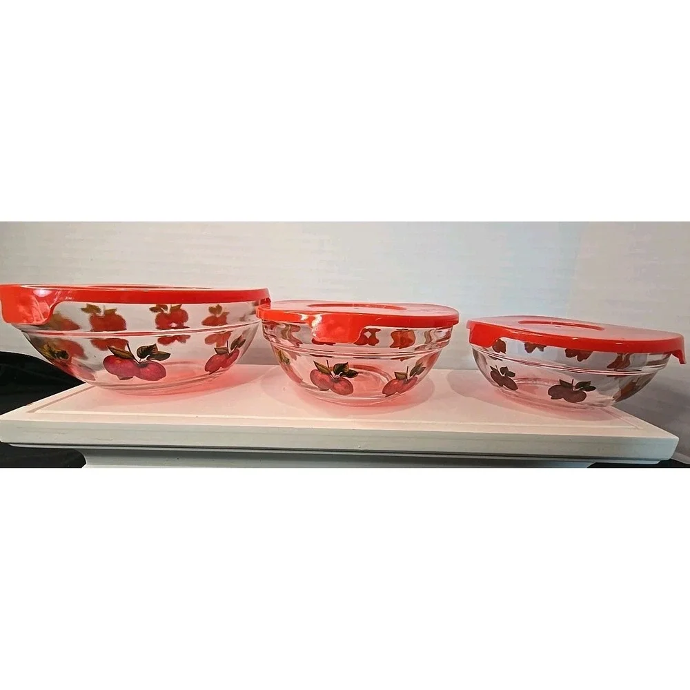 3 Stacking Mini Red Covered Vintage Bowls‎ Apples Glass Heat Resistent Imperiel